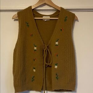 Olive Knit Sweater Vest with Floral Details
